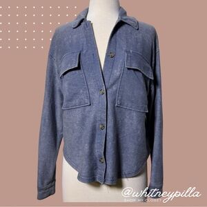 Hippie Rose Button Down Top Blue Purple Mineral Wash Shacket, Women's Size M